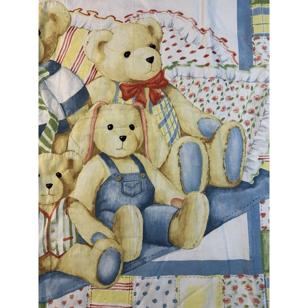 Teddy Bear Family & Rabbits Baby Crib Quilt Finished Unisex‎ Handmade 50x38